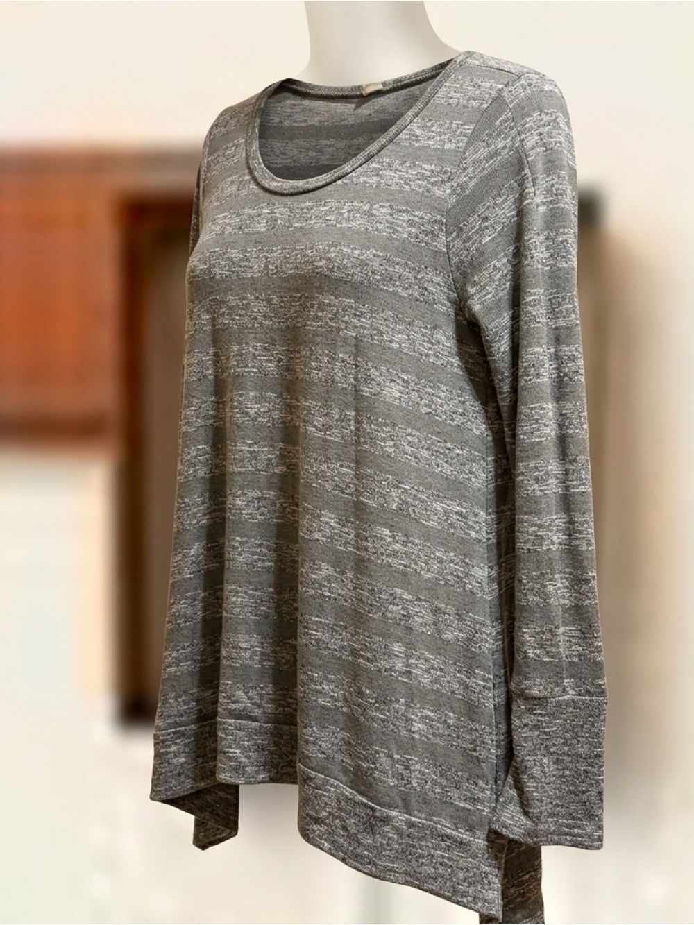 Gray Striped Long-Sleeve Scoop Neck Top
